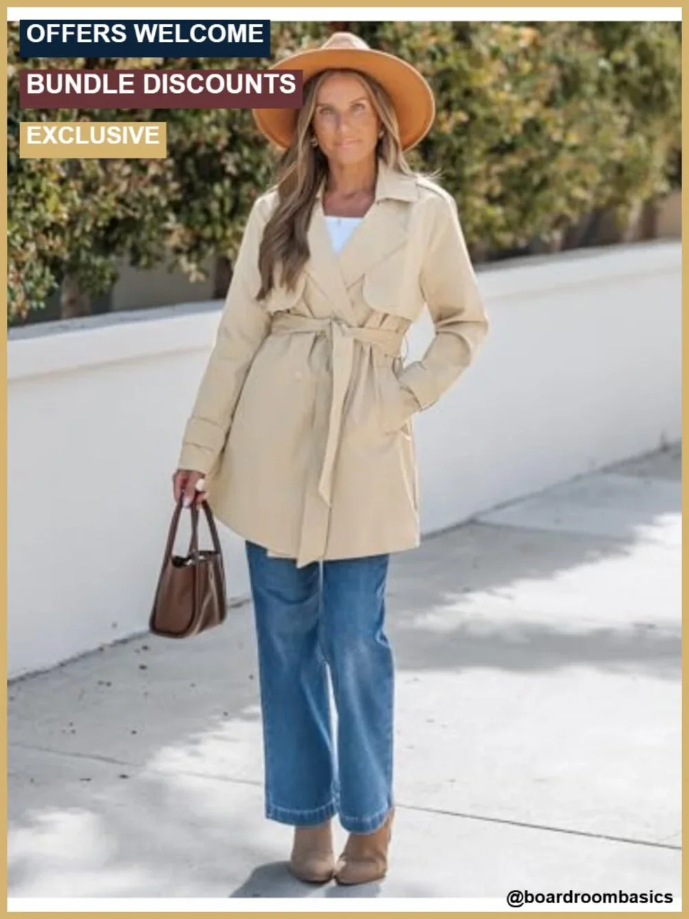 Women's Double Breasted Trench Coat with Belt Long Sleeve Business Casual Fall